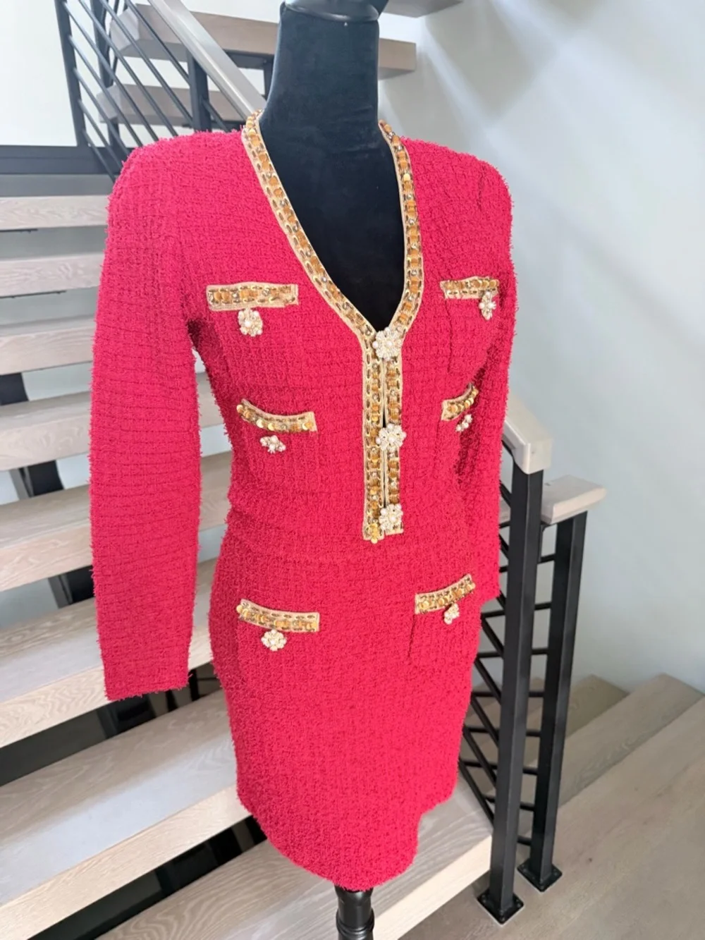 New Self portrait Red Tweed Two-Piece Skirt Set with Gold Trim size S - Picture 8 of 15